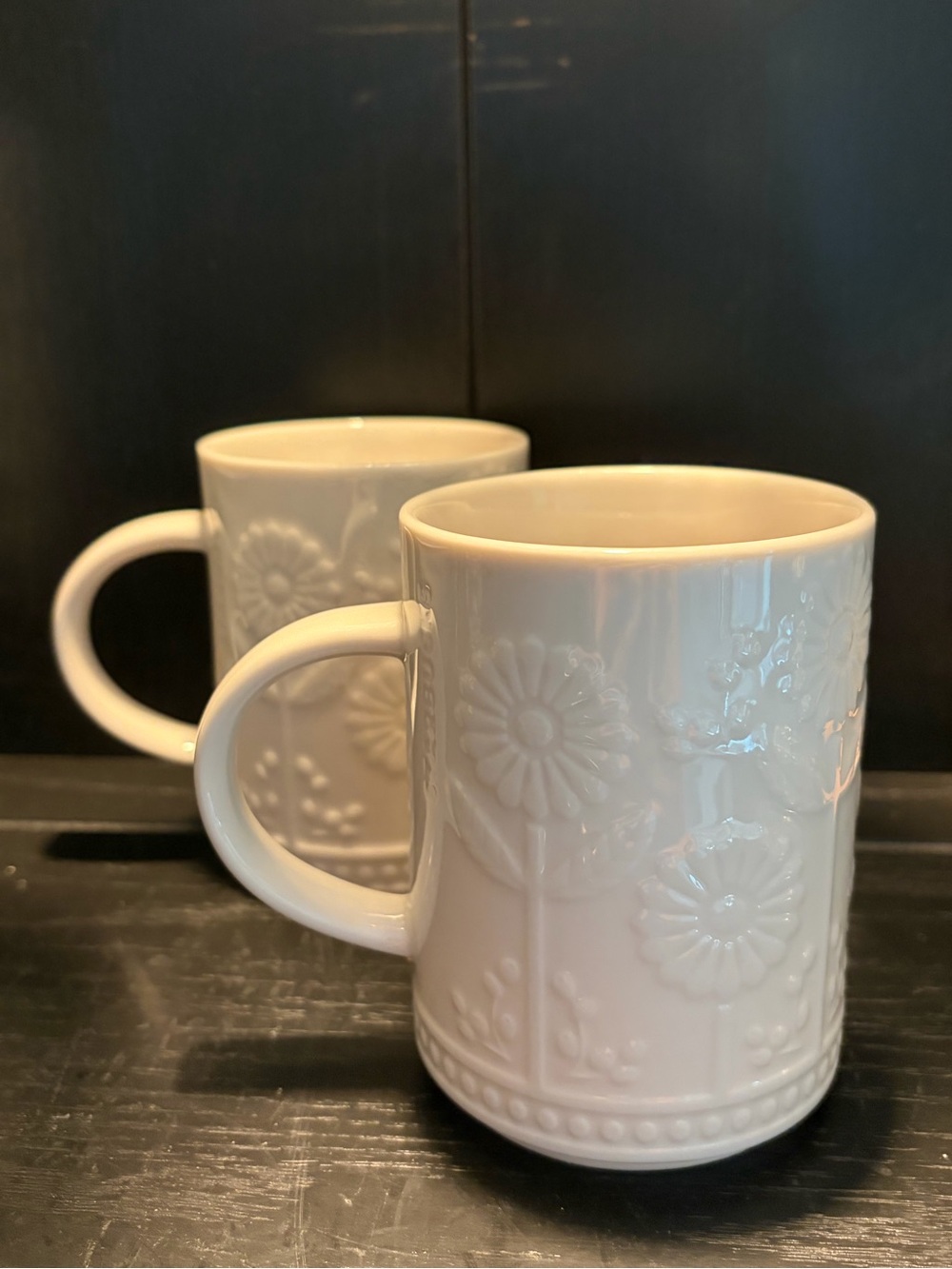 Two Starbucks 12 oz ceramic mugs with embossed daisy or sunflower floral design - Picture 4 of 14